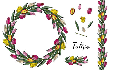 Fototapeta na wymiar Tulips Festive.Yellow, pink, red spring delicate flowers. A wreath of colorful tulips. Seamless pattern brush. Easter holiday decor set. March 8. Set of isolated elements on a white background.Vector.