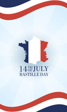 bastille day celebration card with france map and flag