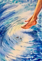 Watercolor woman foot in water and floating fish. Feet in water on a hot summer day. Spa. Copy space. Design element. 