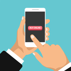 Hand holds smartphone and buy online. Big red button on the phone screen. Man click on the smartphone display. Flat vector illustration. Isolated.