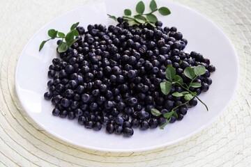 A white plate with blueberries stands on a gray wooden background.Side view