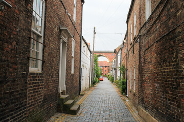 Alley way with the brick Yarm viaduct in the distance
