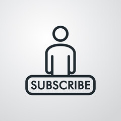 Concepto tecnologías digitales. Icono plano lineal palabra SUBSCRIBE con hombre en fondo gris