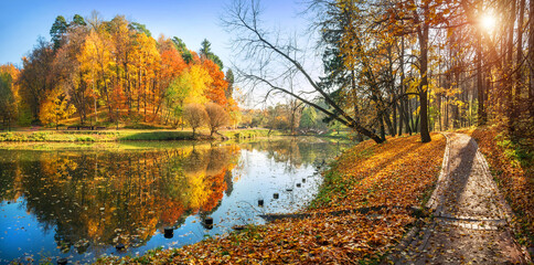 Panoramic view of colorful autumn trees and a path along the pond in Tsaritsyno Park in Moscow