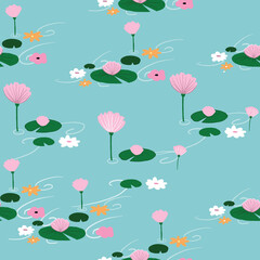 Seamless blue pond with flowers and lily pads pattern. Girly lake pattern. Stylish repeat vector pattern.