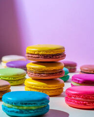 Fototapeta na wymiar Beautiful macaroons lie on a colored background on a sunny day