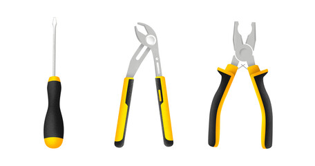 Set Of Repair And Construction Working Hand Tools, Equipment Collection Flat