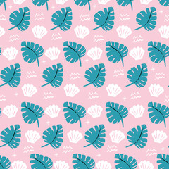 seamless blue green and pink tropical beach pattern with palm leaves and sea shells. repeating vector beach and ocean pattern.