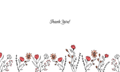 Horizontal Border Thank you. Doodle style flowers on a white background. Text. Hand drawing style. Stock vector illustration.