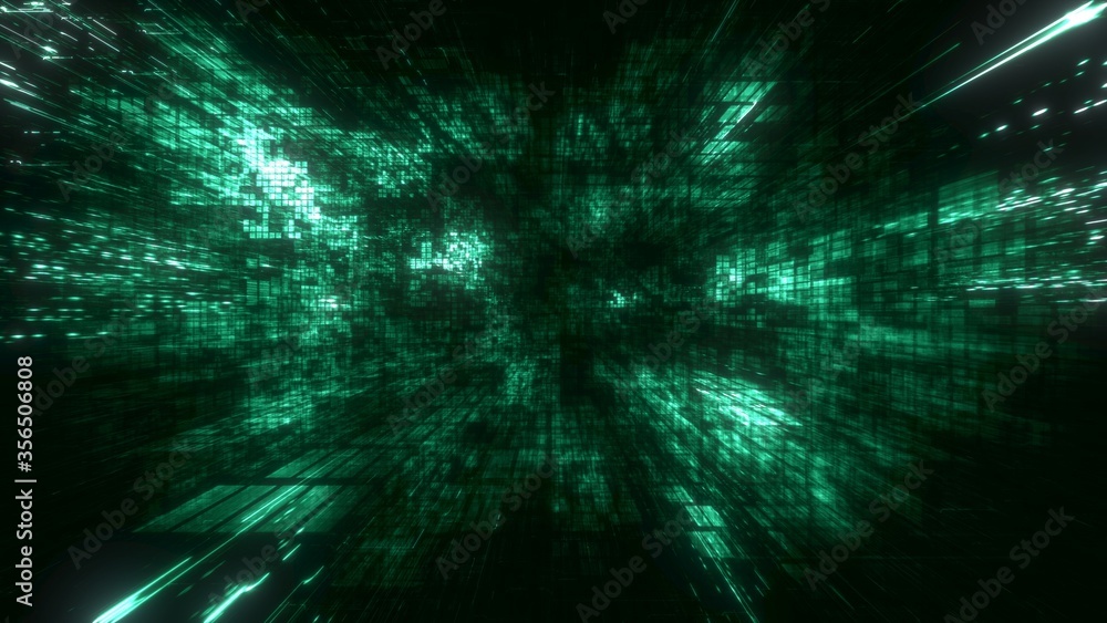 Wall mural 3d illustration of green futuristic abstract digital virtual reality matrix particles grid cyber spa