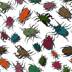 Seamless pattern of multicolored beetles on a white background. Bugs drawn for printing.