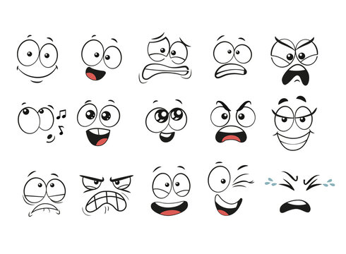 Cartoon facial expressions set. Cartoon faces. Expressive eyes and mouth, smiling, crying and surprised character face expressions. Caricature comic emotions or emoticon doodle. Isolated vector