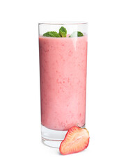 Tasty strawberry smoothie with mint in glass isolated on white