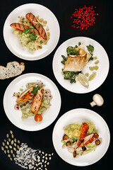 healthy tasty food on a white plate lies on a black background.