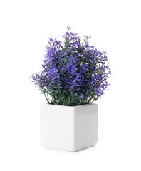 Beautiful purple artificial plant in flower pot isolated on white