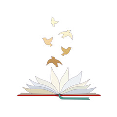 Opened red nook with flying birds on white isolated background, vector illustration for prints, emblems, elements of design for websites, concept of Reading, Knowledge, Book, Literature, Birds.