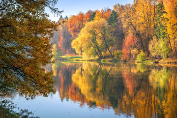 autumn landscape of colorful trees with reflection in the pond of Tsaritsyno park in Moscow