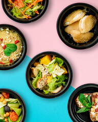 Mockup. Healthy tasty food in plastic containers on colored backgrounds