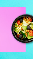 Mockup. Healthy tasty food in plastic containers on colored backgrounds