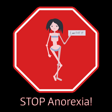Anorexia. Physical Exhaustion. Nervous disease. Eating disorder. Painful gaunt skinny girl. Character of a very thin woman on a black background. Red Stop Anorexia! Vector stock illustration.