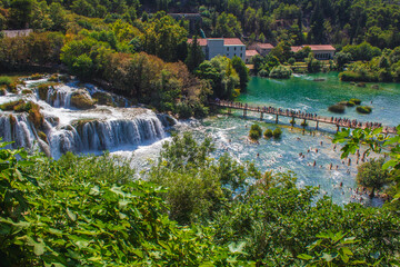 Krka National Park. Waterfall and wild landscape at famous tourist attraction in Croatia