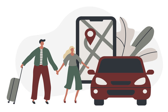 Male and female persons carrying suitcases get into their automobile. Flat vector illustration of young couple traveling by car using smartphone as a map navigation app. Vehicle journey trip, luggage.