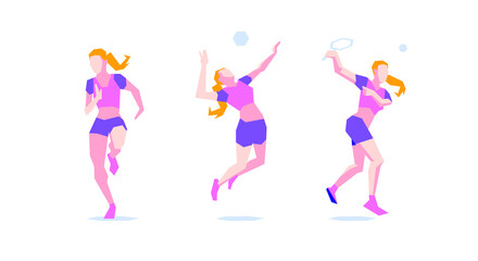 Set of vector women training. Three isolated girls in sport clothes on white background. Pink and purple sport outfit. Sport ladies lifestyle. Healthy and athlete female body. Active young people.