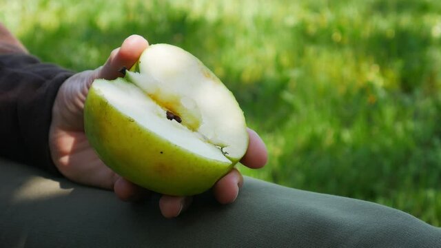 An apple cut in half in the hand of an elderly woman sitting in the garden.