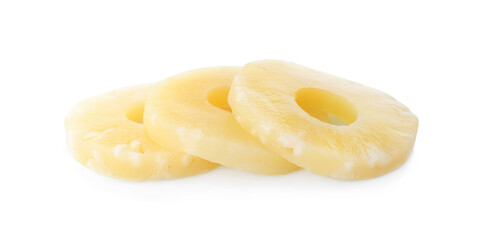 Delicious canned pineapple rings on white background