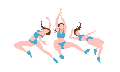Fototapeta na wymiar Set of vector women doing exercises. Three isolated girls in blue sport clothes on white background. Blue sport outfit. Active ladies lifestyle. Healthy and athlete female body flying in the air