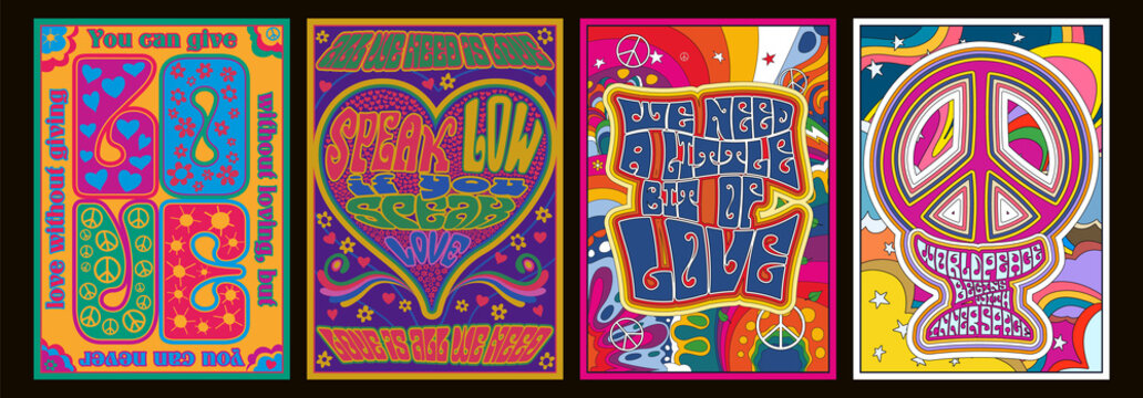 Love Lettering Romantic Quotes, 1960s Hippie Style Psychedelic Art Posters, Hearts, Peace Symbols, Flowers, Rainbows