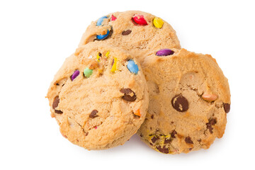 Chocolate chip cookies isolated on white background. Sweet biscuits. top view