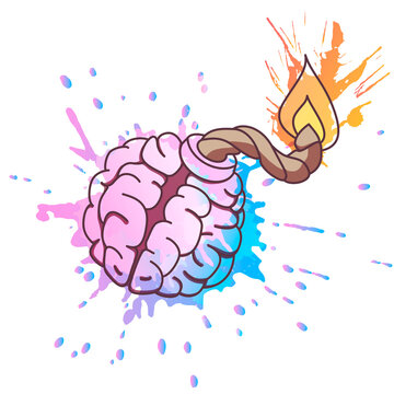 Bomb shaped brain with burning fuse and colorful grunge splashes. Mental health or brainstorm concept.