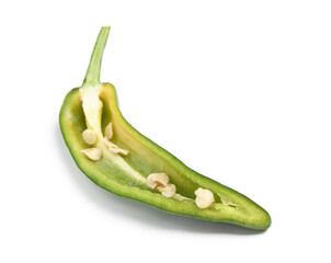 Cut green hot chili pepper on white background