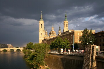View at the Basilica of Our Lady of the Pillar in Zaragoza. Zaragoza is the capital city of the Zaragoza province and of the autonomous community of Aragon.