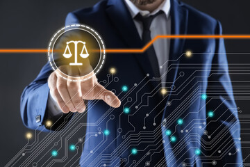 Lawyer touching virtual screen against dark background, closeup