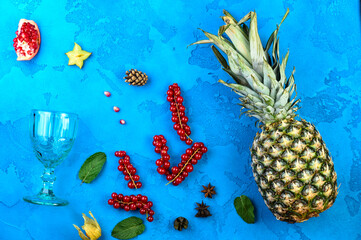 Fototapeta na wymiar sauces and fruits and other ingredients on a blue background