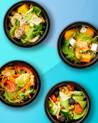 Mockup. Healthy tasty food in plastic containers on colored backgrounds