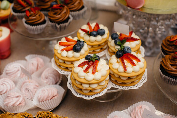 Beautiful and decorated candy bar close-up at a festive Banquet. Sweets close-up