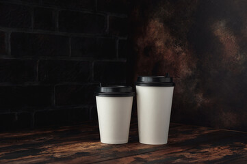 Mock up, white paper cups with a black plastic lid stands on a dark background