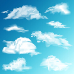 Realistic Clouds Set. White cloud. Blue Sky Panorama. Vector Illustration.