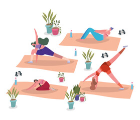 Women with sportswear doing yoga on mats design, Stay at home gym sport and bodybuilding theme Vector illustration