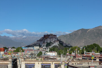 A view on Potala Palace from the roof of Shambhala hotel in Lhasa, Tibet on a nice sunny day