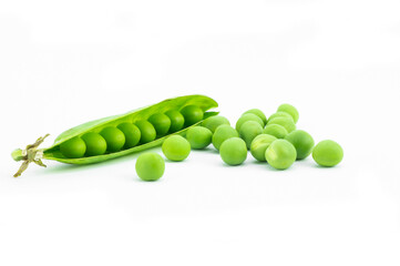 Fresh green peas with pod isolated on white background, healthy green vegetable or legume ( pisum sativum )