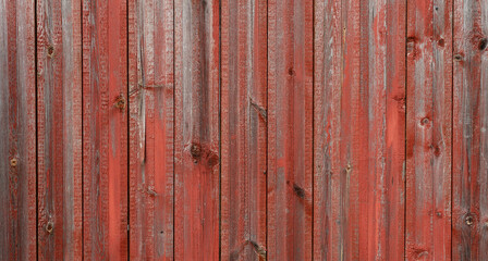 Old gray with shabby red paint wooden wall, aged background and texture. Rustic wooden board of fence. natural patterns background