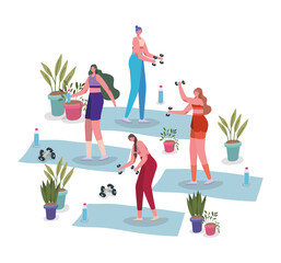 Women with sportswear doing exercise on mats design, Stay at home gym sport and bodybuilding theme Vector illustration