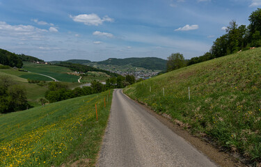 Fototapeta na wymiar open road with the village Zunzgen in the back