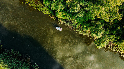 Diagonal, aerial view of a fisherman boat in a Gornje Podunavlje