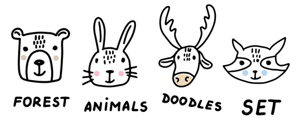 Forest Animals doodle set. Hand drawn lines cartoon animal collection. Bear, bunny, deer, raccoon. Vector illustration.