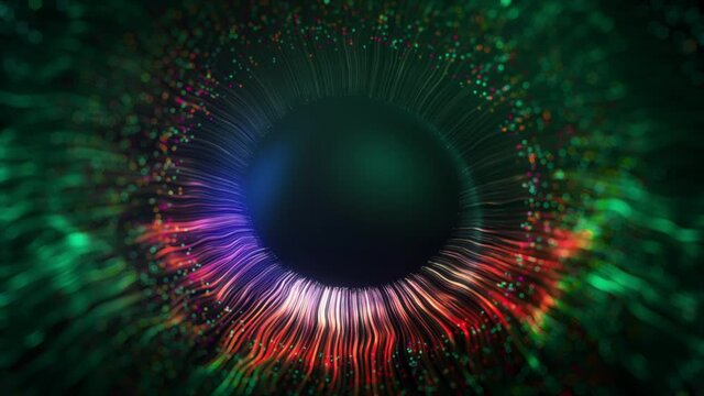 Green and magenta lines after the explosion form a three-dimensional model of the human pupil, eyes. Human iris concept. 3D rendering animated abstract background in 4K